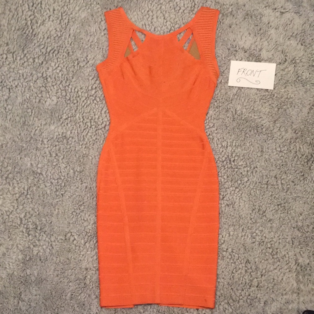 Orange Herve Leger bodycon dress